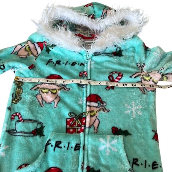 Friends XS Christmas One Pc Fleece Pajamas w Fur Trimmed Hood Holiday Cozy Warm - Picture 5 of 7